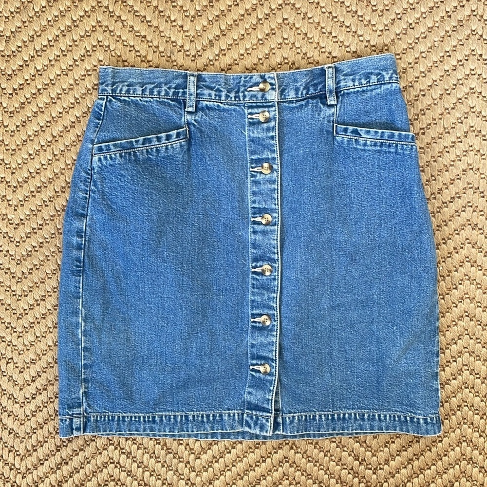 Eddie Bauer - 90s Button Down Denim Skirt - Blue - 12 Petite